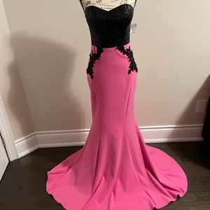 Mermaid style sample gown, strapless, bright pink and black sequin & jersey